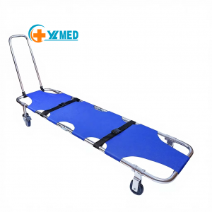 Medical Aluminum 4-Wheel Foldable Stretcher Trolley Drawbar Emergency Portable Bearing 350 lb Capacity for Hospitals Sports